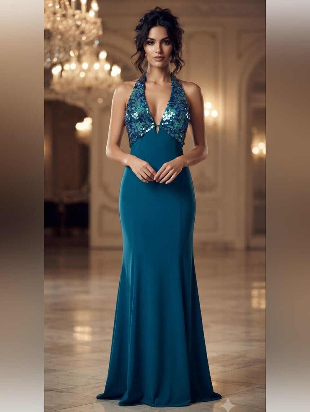 NIKI By Niki Livas Teal Sequin Halter Gown